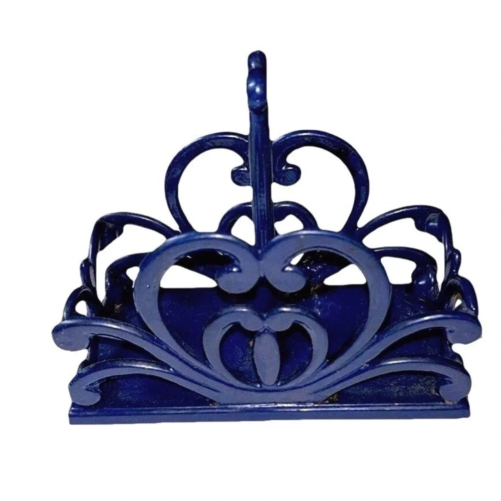 Cast Iron Enamel Napkin S&P Holder Cobalt Blue Scroll Country Farmhouse Cottage